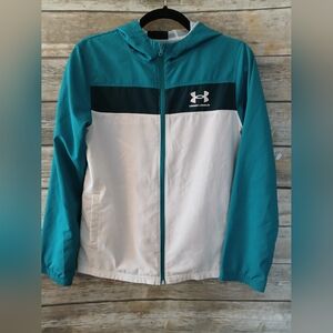 Under Armour wind jacket, teal/white, youth Large, unisex